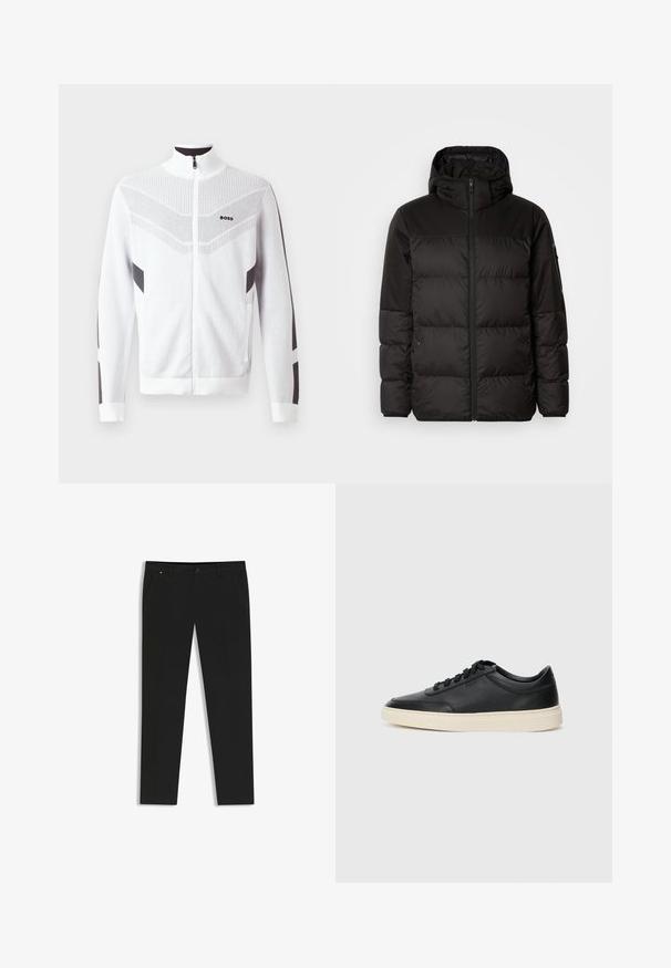 Svart puffjacka med blixtlås, huva, quiltade sektioner och elastiska mudd, tillverkad av ett slätt, vattentåligt material.; Vit zip-up jacka med hög krage, med ett texturerat mönster och mörkgrå detaljer på ärmar och sidor. Logotyp på bröstet.; Svarta byxor i slätt tyg med rak bendesign, sidofickor, framknäppning och diskret logotypdetalj.; Svart låg skor i läder med svarta snören och off-white sula, visas i sidoprofil på vit bakgrund.