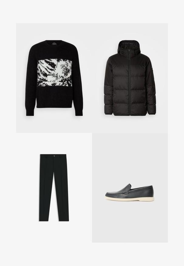 Black puffer jacket features a zip closure, a hood, quilted sections, and elastic cuffs, made from a smooth, water-resistant material.; Black sweater with a white, abstract zebra pattern across the chest. Made of soft material with ribbed cuffs and rounded neckline.; Black dress pants with a straight-leg design, made of smooth fabric. Features a front button closure and belt loops. Plain without patterns.; Black leather slip-on loafers with a textured finish and a contrasting beige rubber sole. Features a subtle accent along the front.