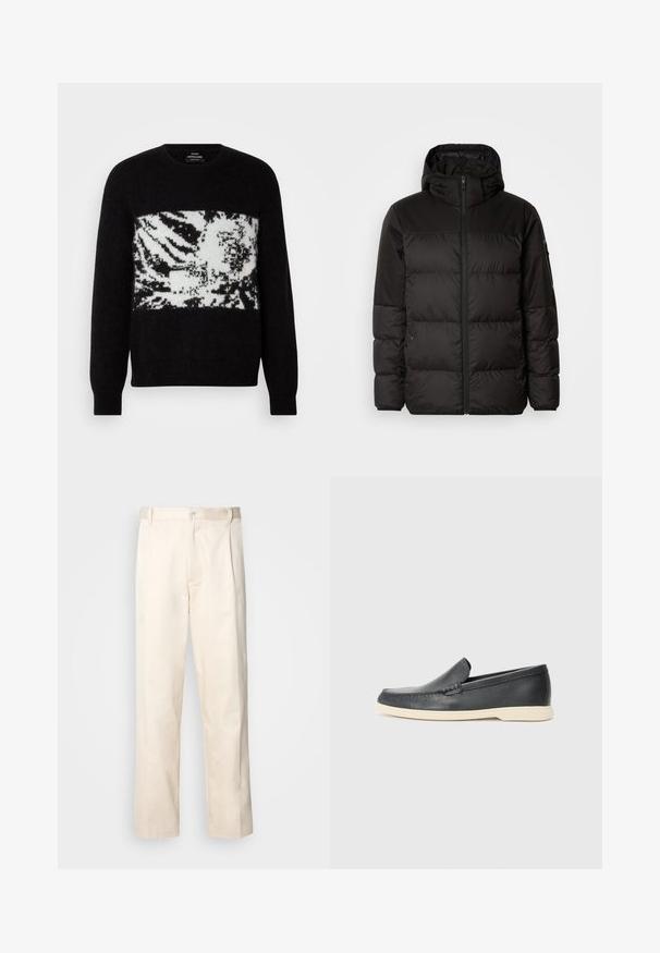 Mustikas puffer-jakk sisaldab tõmblukku, kapuutsi, tikandiga osi ja elastseid mansette, valmistatud siledast veekindlast materjalist.; Must mustriga mustris, kus on valge abstraktne seeprahvi muster rinnal. Valmistatud pehmest materjalist, millel on soonikkoes mansetid ja ümar kaelus.; Beesidised puuvillased püksid sirge jala lõikega, mis on varustatud nööpkinnituse ja ees olevate voltidega, et lisada detaili.; Must musta sussid mustast nahast, millel on tekstuuriga pind ja kontrastne beež kummitald. Ees on peen aktsent.