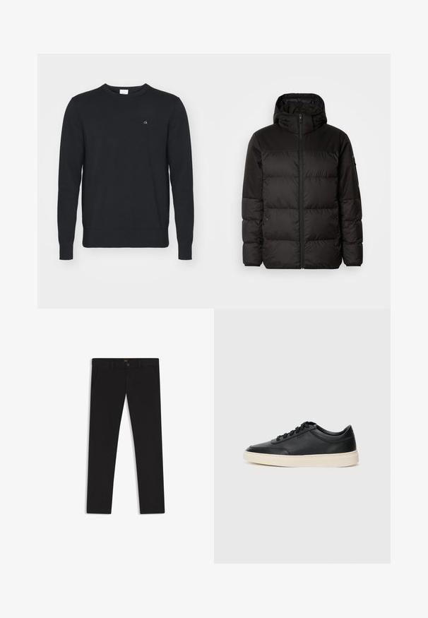 Il giubbotto puffo nero presenta una chiusura con zip, un cappuccio, sezioni trapuntate e polsini elastici, realizzato in un materiale liscio e resistente all'acqua.; Felpa nera con un motivo a maglia testurizzata, polsini e orlo a coste, con un piccolo logo "ck" bianco sul petto. Design con collo rotondo.; Pantaloni neri realizzati in tessuto con una superficie liscia. Presentano una chiusura con bottone, passanti per cintura e tasche laterali. Design a gamba dritta standard.; Sneaker in pelle nera a basso profilo con lacci neri e suola avorio, mostrato di profilo su sfondo bianco.