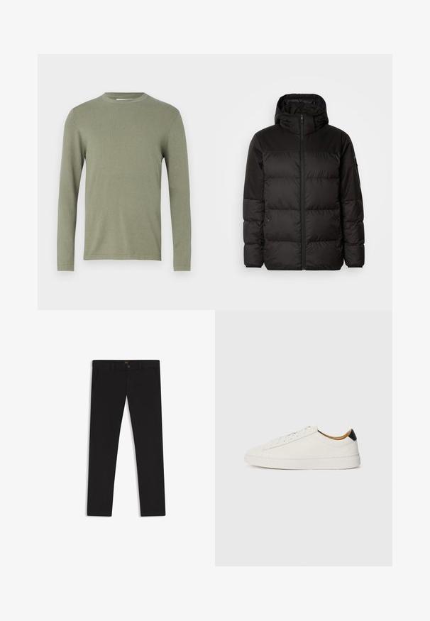 Schwarze Pufferjacke mit Reißverschluss, Kapuze, gesteppten Abschnitten und elastischen Bündchen, hergestellt aus einem glatten, wasserabweisenden Material.; Langärmliger Pullover in olivgrün, aus weichem Strickmaterial gefertigt. Mit Rundhalsausschnitt und gerippten Bündchen, hat er eine durchgehend glatte Textur.; Schwarze Hosen aus einem Stoff mit glatter текстуре. Verfügt über einen Knopfverschluss, Gürtelschlaufen und Seitentaschen. Klassisches Design mit geradem Bein.; Weißer Sneaker mit glattem Lederobermaterial, runder Zehenpartie und flacher Sohle. Schwarzer Akzent an der Ferse, mit farblich abgestimmten Schnürsenkeln und minimalem Branding.