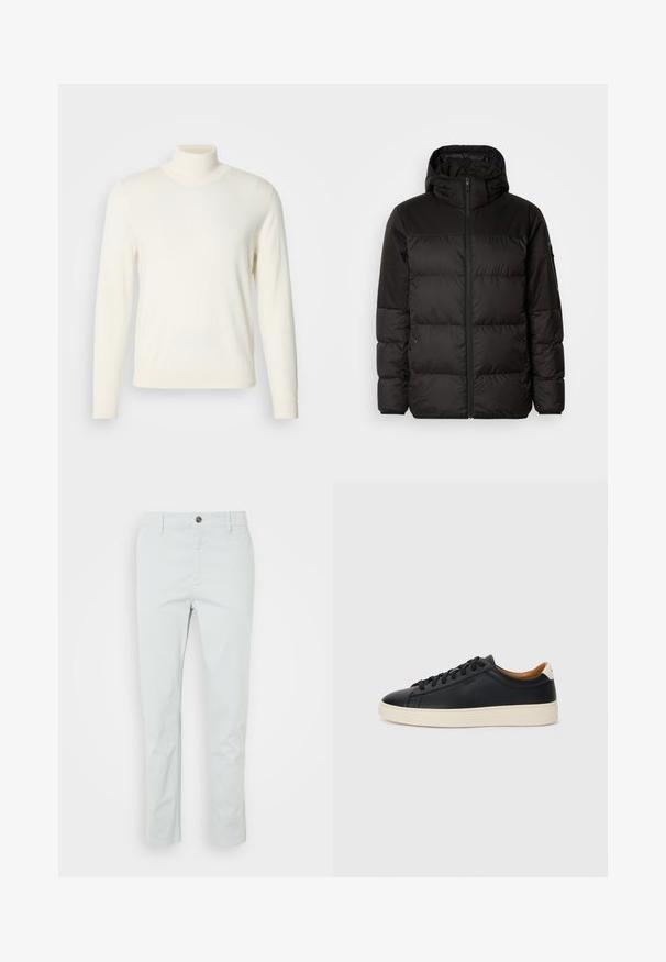 Černá péřová bunda má zipový uzávěr, kapuci, prošívané části a elastické manžety, vyrobená z hladkého, voděodolného materiálu.; Krémový rolák vyrobený z měkké látky, s dlouhými rukávy a přiléhavým střihem, bez viditelných vzorů nebo dekorací.; Světlé zelené bavlněné kalhoty s rovným střihem, s předním zapínáním na knoflíky a postranními kapsami. Hladká textura, žádné viditelné vzory.; Černé kožené tenisky s hladkým povrchem, béžovou gumovou podešví, šněrovacím designem a kontrastním akcentem na patě.