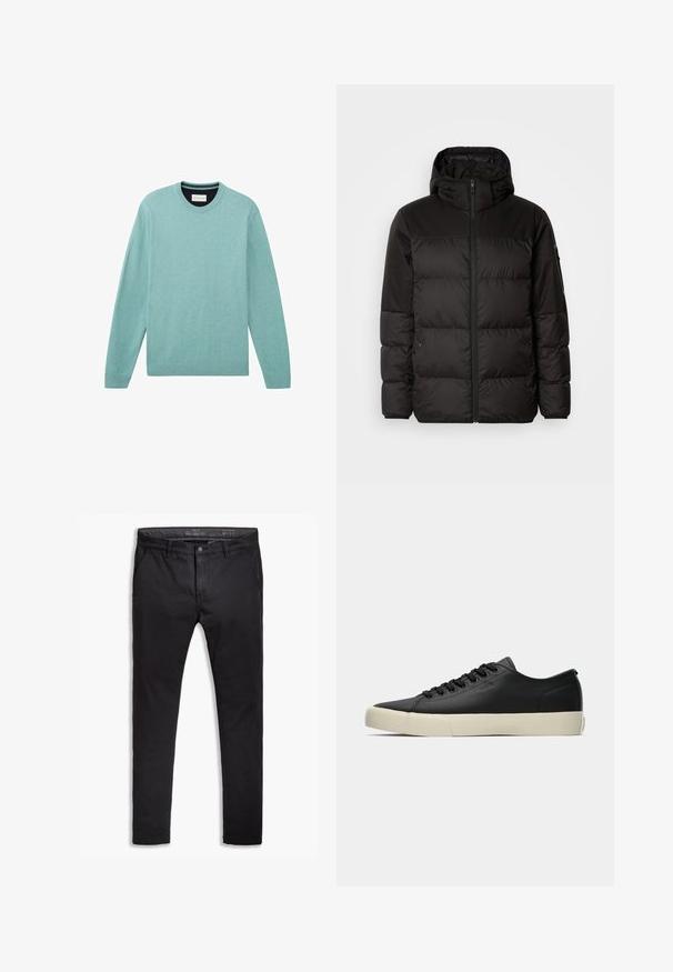 Musta puhvijakku sisältää vetoketjun, hupun, tilkuista koostuvia osioita ja joustavat hihansuut. Se on valmistettu sileästä, vedenpitävästä materiaalista.; Vaaleansininen neulepaita, joka on valmistettu pehmeästä materiaalista. Siinä on pitkät hihat, pyöreä pääntie, resorit hihansuissa ja sileä pinta, jossa on hienovarainen tekstuuri.; Musta puuvillainen chinos-housut tapered-fit -mallilla, viidellä taskulla, vyölenkeillä ja sileällä pinnalla. Vetoketjukiinnitys nappisuljennalla.; Matala musta nahkakengät mustilla nauhoilla ja off-white kumipohjalla, sivunäkymä, jossa on huomaamaton "BOSS"-brändäys.