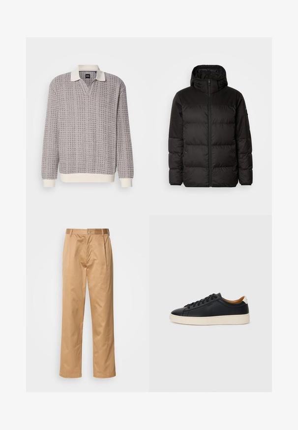 A fekete steppelt dzseki cipzáros záródással, kapucnival, steppelt részekkel és rugalmas mandzsettákkal rendelkezik, sima, vízálló anyagból készült.; Hosszú ujjú kötött pólós pulóver, texturált barna és fehér mintával, krém színű gallérral, valamint krém színű bordás mandzsettával és aljjal.; Khaki nadrág, pamut keverék, egyenes szabású, elülső redők, övtartók és gombos zárás. Simább textúra minták nélkül.; Fekete bőr sportcipők sima felülettel, bézs gumitalppal, fűzős dizájnnal és kontrasztos sarkú akcentussal.
