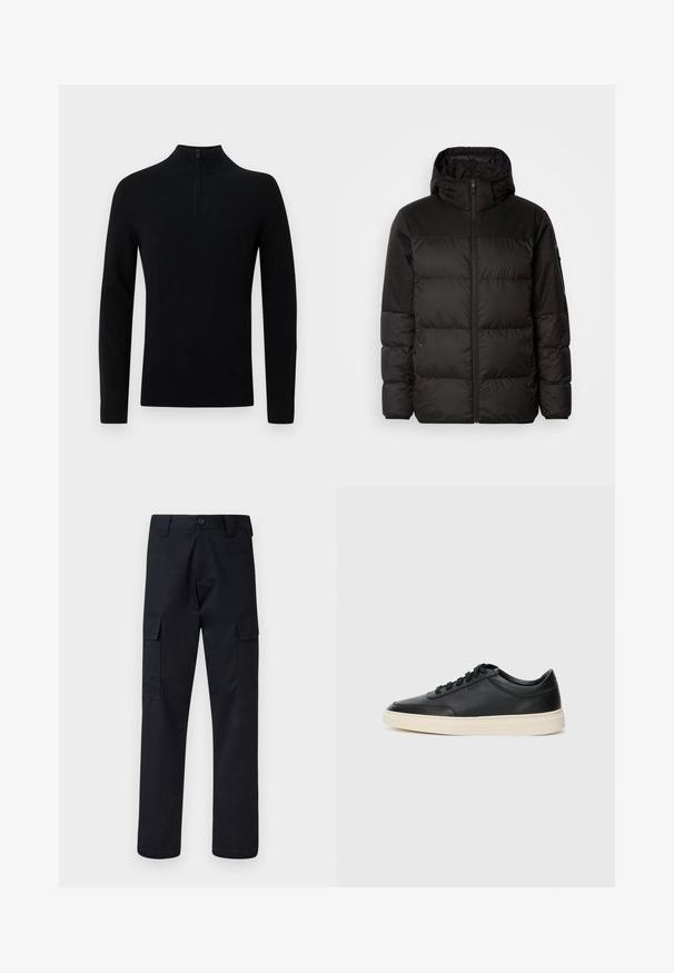 Black puffer jacket features a zip closure, a hood, quilted sections, and elastic cuffs, made from a smooth, water-resistant material.; Black pullover with a high collar, featuring a short zipper at the neck. Made of soft knit material, unadorned with no visible patterns.; Black cargo pants made of sturdy fabric, featuring a straight-leg cut, two side pockets, and a button closure at the waistband.; Black low-top leather sneaker with black laces and off-white sole shown in side profile on white background.