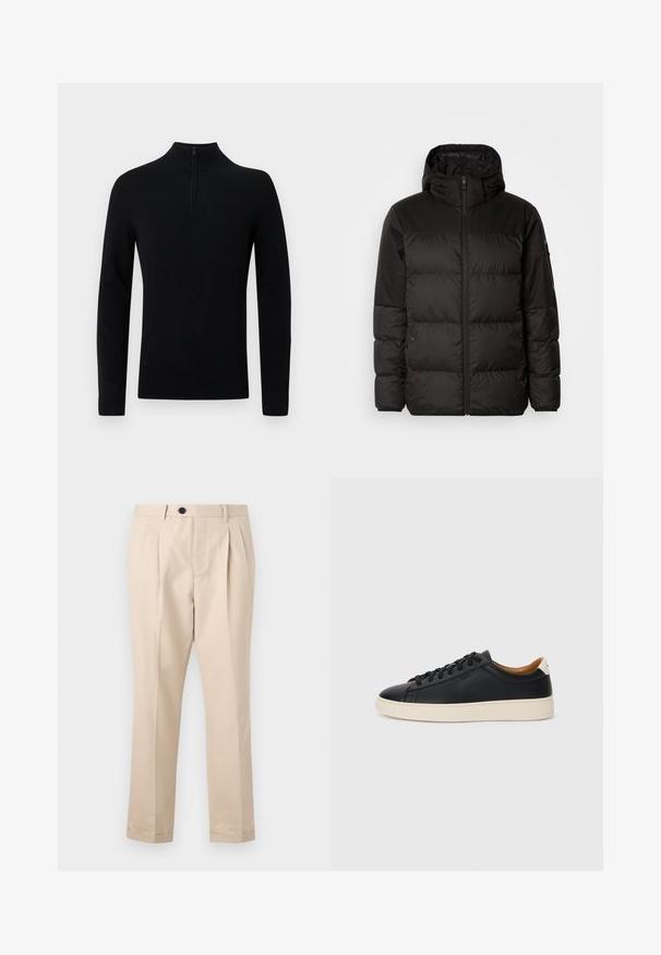 Schwarze Pufferjacke mit Reißverschluss, Kapuze, gesteppten Abschnitten und elastischen Bündchen, hergestellt aus einem glatten, wasserabweisenden Material.; Schwarzer Pullover mit hohem Kragen, ausgestattet mit einem kurzen Reißverschluss am Hals. Hergestellt aus weichem Strickmaterial, unifarben und ohne sichtbare Muster.; Beige Plièrehosen aus glattem Stoff, mit Reißverschluss und Knopfverschluss, geradliniger Schnitt und umgeschlagenen Säumen.; Schwarze Ledersneaker mit glatter Textur, beiger Gummisohle, Schnürdesign und einem kontrastierenden Fersenakzent.