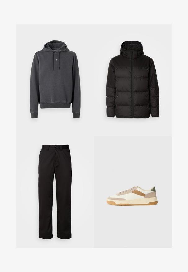 Geacă puffer neagră cu închidere cu fermoar, glugă, secțiuni quilted și manșete elastice, realizată dintr-un material neted, rezistent la apă.; Hanorac cu glugă, de culoare gri închis, fabricat dintr-un amestec de bumbac moale. Dispune de o buzunar tip cangur, mâneci ribate și un mic logo pe piept.; Pantaloni negri dintr-un material neted, cu fermoar la brâu, închidere cu nasture și mansete rulate pentru un design casual.; Adidași în nuanțe de bej, crem și verde măsliniu, realizati din materiale de piele nobila și suede, cu vârf rotund, design minimalist și talpă din cauciuc.