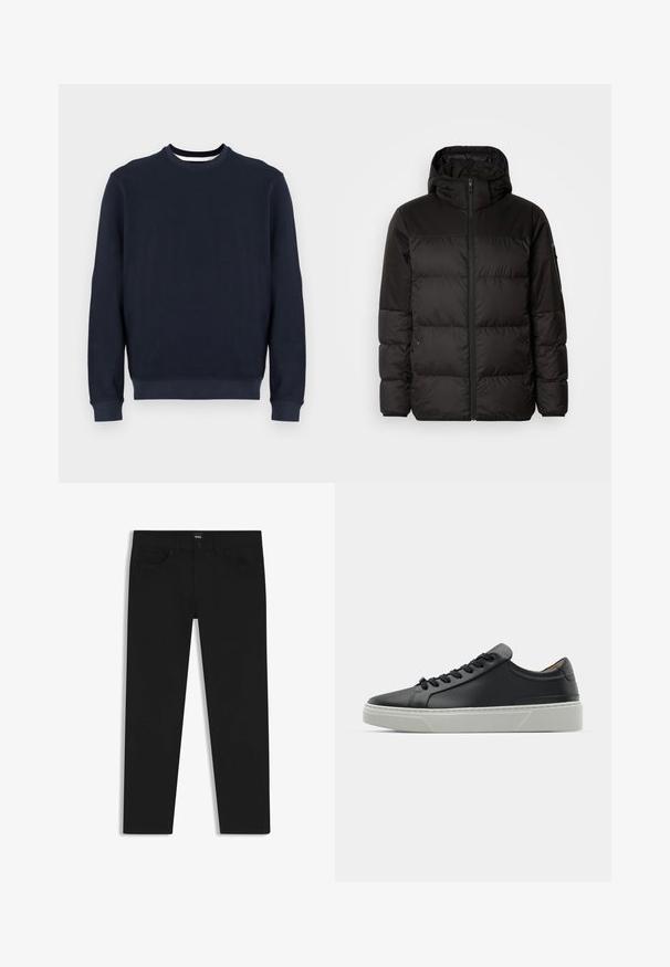 Il giubbotto puffo nero presenta una chiusura con zip, un cappuccio, sezioni trapuntate e polsini elastici, realizzato in un materiale liscio e resistente all'acqua.; Felpa blu navy a girocollo realizzata in tessuto a maglia, con maniche lunghe e polsini e orlo a coste. Design minimalista senza motivi o grafiche.; Pantaloni in denim nero con taglio dritto, dotati di vita standard, cinque tasche e chiusura con bottone. Texture liscia su tutta la superficie.; Sneaker in pelle nera con una texture liscia, punta rotonda e lacci neri. Presenta una suola in gomma bianca spessa con sottili accenti geometrici.