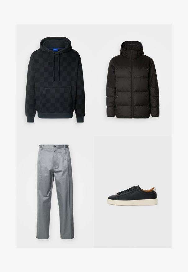 Čierna prešívaná bunda má zips, kapucňu, prešívané sekcie a elastické manžety, vyrobená z hladkého, vodeodolného materiálu.; HUGO NEVALP - Mikina s kapucňou - black; Sivé nohavice z bavlneného zmesi s rovnými nohavicami, ktoré majú predné zapínanie na gombík, pútka na opasok a bočné vrecká.; Čierne kožené tenisky s hladkou textúrou, béžová gumová podrážka, viazanie a kontrastný akcent na päte.