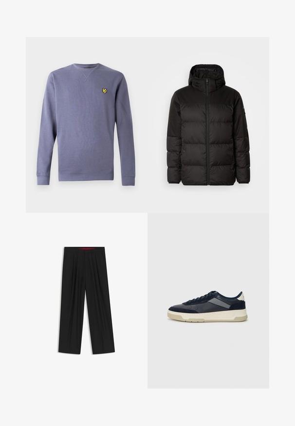 Black puffer jacket features a zip closure, a hood, quilted sections, and elastic cuffs, made from a smooth, water-resistant material.; Purple crew neck sweatshirt made from soft fabric, featuring ribbed cuffs and hem, with a small embroidered yellow logo on the chest.; Black wide-leg trousers with a flat front, two side pockets, pleated design, and a contrasting red interior waistband.; BOSS BALTIMORE - Trainers - open blue