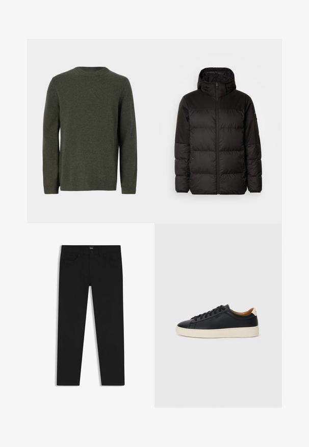 Schwarze Pufferjacke mit Reißverschluss, Kapuze, gesteppten Abschnitten und elastischen Bündchen, hergestellt aus einem glatten, wasserabweisenden Material.; Dunkelgrüner Strickpullover mit Rundhalsausschnitt, langen Ärmeln und gerippten Bündchen und Saum. Glatte Textur mit einem einheitlichen Muster.; Schwarze Denim-Hosen mit geradem Schnitt, ausgestattet mit einem Standardbund, fünf Taschen und einem Knopfverschluss. Angenehme, glatte Textur.; Schwarze Ledersneaker mit glatter Textur, beiger Gummisohle, Schnürdesign und einem kontrastierenden Fersenakzent.