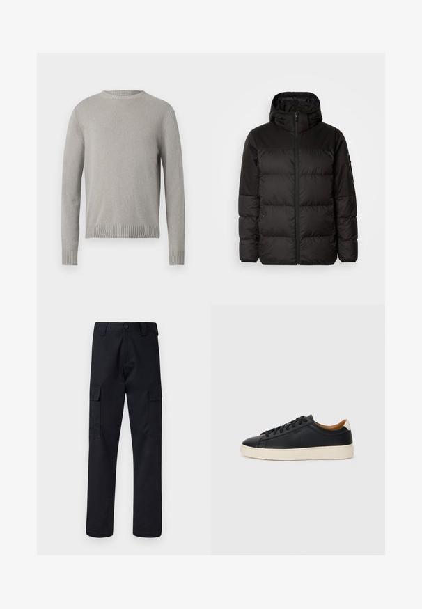 Crna puf jakna ima zatvaranje na zip, kapuljaču, kviltane dijelove i elastične manžete, izrađena je od glatkog, vodootpornog materijala.; Svijetlosivi pleteni pulover s okruglim izrezom, rebrastim manžetama i donjim rubom. Ima teksturiranu tkaninu u jednobojnoj boji bez uzoraka.; Crne cargo hlače od čvrstog materijala, s ravnim krojem, dva bočna džepa i dugmetom za zatvaranje na pojasu.; Crne kožne tenisice s glatkom teksturom, bež gumeni đon, dizajn s vezicama i kontrastni detalj na peti.