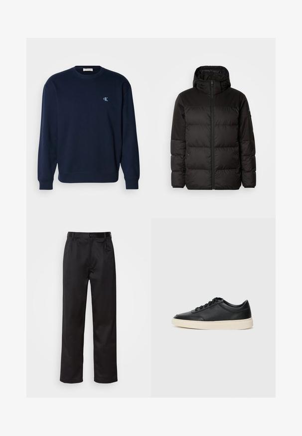 La chaqueta acolchada negra tiene un cierre de cremallera, capucha, secciones acolchadas y puños elásticos, hecha de un material suave y resistente al agua.; Sudadera azul marino en mezcla de algodón con puños y dobladillo de canalé. Presenta un pequeño logo azul claro en el pecho. Diseño clásico de cuello redondo.; Pantalones negros de tela suave, con cierre delantero de botón, pliegues y patas rectas. Sin patrones ni acentos visibles.; Zapatilla negra de piel de caña baja con cordones negros y suela color crema, mostrada en perfil lateral sobre fondo blanco.