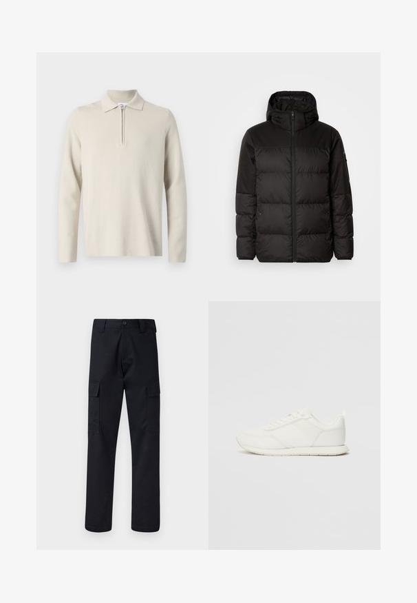 Svart puffjacka med blixtlås, huva, quiltade sektioner och elastiska mudd, tillverkad av ett slätt, vattentåligt material.; Krämfärgad långärmad polo med dragkedja vid kragen, gjord av mjukt, texturerat tyg, med en klassisk passform och minimal design.; Svarta cargobyxor gjorda av ett slitstarkt tyg, med rak benstump, två sidofickor och knappstängning i midjan.; Vita sneakers med ett överdel i mesh och syntetmaterial, rund tå, platta snörning, och ett texturerat sidostreck. Gummisula med en dragflik bak.