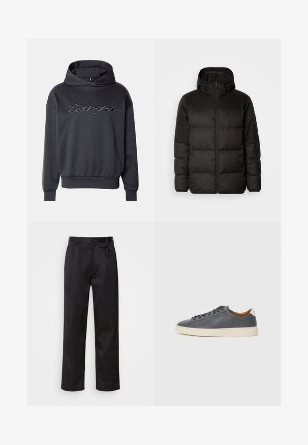 Čierna prešívaná bunda má zips, kapucňu, prešívané sekcie a elastické manžety, vyrobená z hladkého, vodeodolného materiálu.; Tmavošedá mikina s kapucňou vyrobená z jemnej látky, s veľkým vyšitým logom v kontrastnej farbe, s voľným strihom a rebrovanými manžetami.; Čierne nohavice vyrobené z hladkej látky, s predným zapínaním na gombík, s plisovaním a rovnými nohavicami. Žiadne viditeľné vzory ani akcenty.; Sivé kožené tenisky s okrúhlou špičkou, gumovou podrážkou, plochými šnúrkami a svetlými akcentmi na päte. Hladká textura a minimalisticý dizajn.