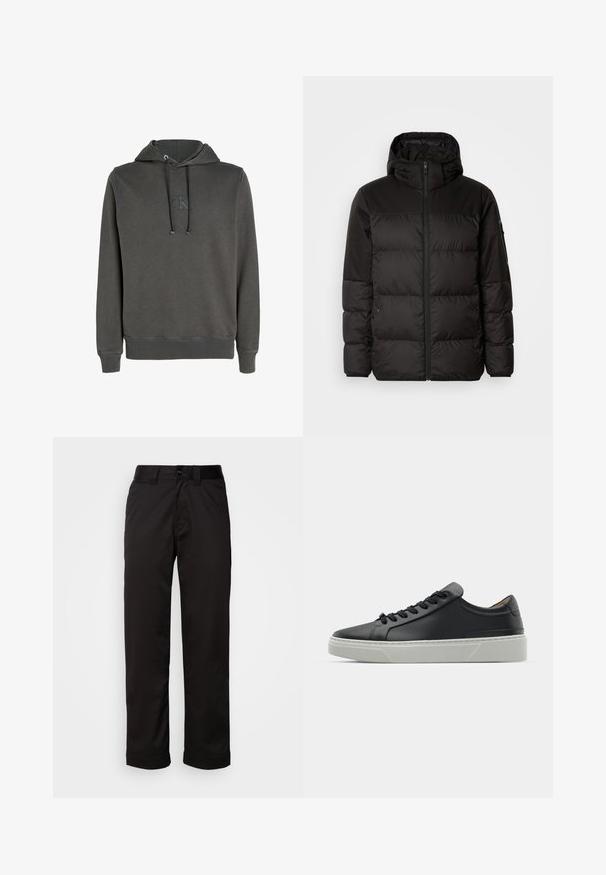 La chaqueta acolchada negra tiene un cierre de cremallera, capucha, secciones acolchadas y puños elásticos, hecha de un material suave y resistente al agua.; Calvin Klein Jeans WASHED MONOLOGO  - Jersey con capucha - black; Pantalones negros de tela suave, con cremallera, cierre de botón y puños enrollados para un diseño casual.; Zapatilla negra de cuero con textura suave, punta redonda y cordones negros. Presenta una gruesa suela de goma blanca con sutiles acentos geométricos.