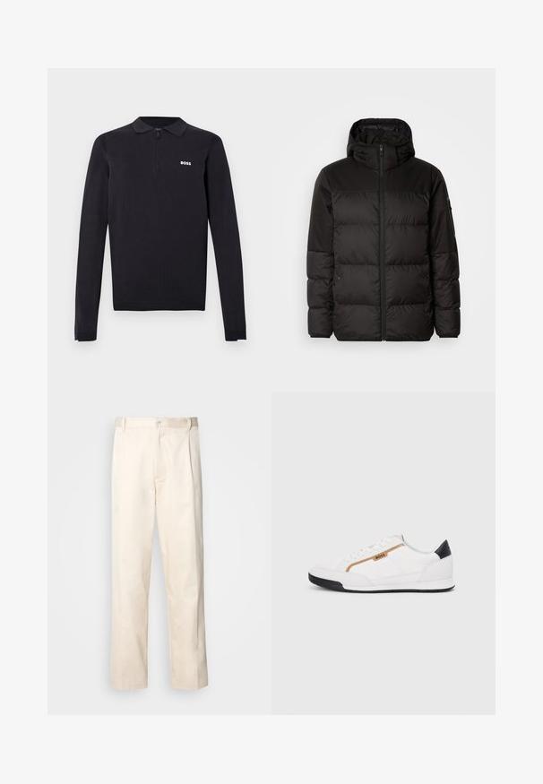 Melna pūkainā jakā iezīmes ir rāvējslēdzēja aizdare, kapuce, kvadrātveida šuves un elastīgas aproces, izgatavota no gludas, ūdensizturīgas vielas.; Melnas ar garām piedurknēm polo krekls no adīta auduma. Tam ir pus rāvējslēdzēja apkakle, piegulošs siluets un neliels balts logo uz krūtīm.; Bežā krāsā auduma bikses ar taisnu kāju griezumu, pievienotām pogu aizdares un priekšējiem krokām papildu detaļām.; Baltijas krāsā baltas sporta kurpes ar acu un ādas akcentiem. Iezīmējas ar zelta "BOSS" logo, teksturētām sānu paneļiem un melnu papēža kapu. Gumijas zole.