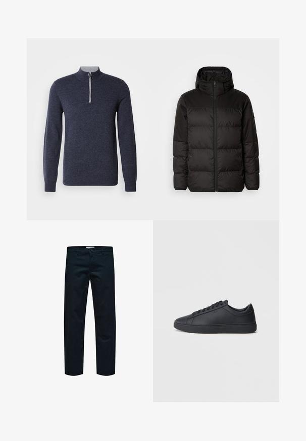 A jaqueta puffer preta apresenta um fecho zip, um capuz, secções acolchoadas e punhos elásticos, confeccionada em um material liso e resistente à água.; Sweater azul marinho com meia zip e gola cinza. Feito de um tecido texturado, apresenta mangas longas e um design ajustado.; Calças de algodão pretas com um design de perna reta, apresentando um fecho simples com botão e bolsos padrão. Textura suave e sem padrões visíveis.; Ténis pretos feitos de couro liso com um design de cano baixo, bico redondo e sola de borracha plana. Apresentam atacadores e uma marcação discreta.