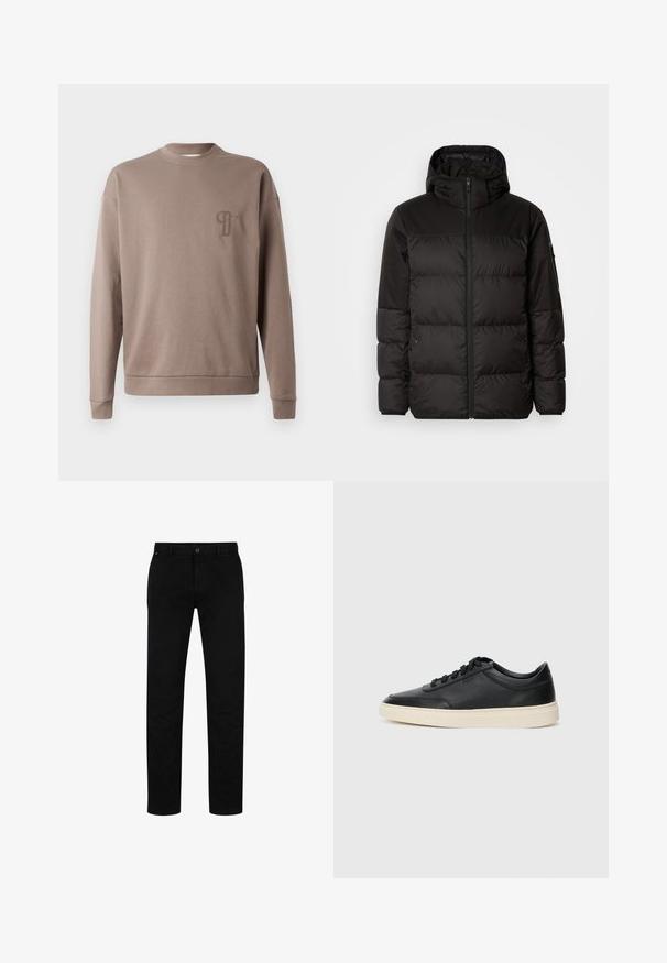 Svart puffjacka med blixtlås, huva, quiltade sektioner och elastiska mudd, tillverkad av ett slätt, vattentåligt material.; Brun sweatshirt med rund hals, långa ärmar och ribbade mudd. Har en liten broderad logotyp på bröstet. Mjukt bomullsmaterial.; Svarta bomullsbyxor med rak passform, med knappstängning, bälteshällor och minimalistisk design. Slät textur, utan mönster.; Svart låg skor i läder med svarta snören och off-white sula, visas i sidoprofil på vit bakgrund.