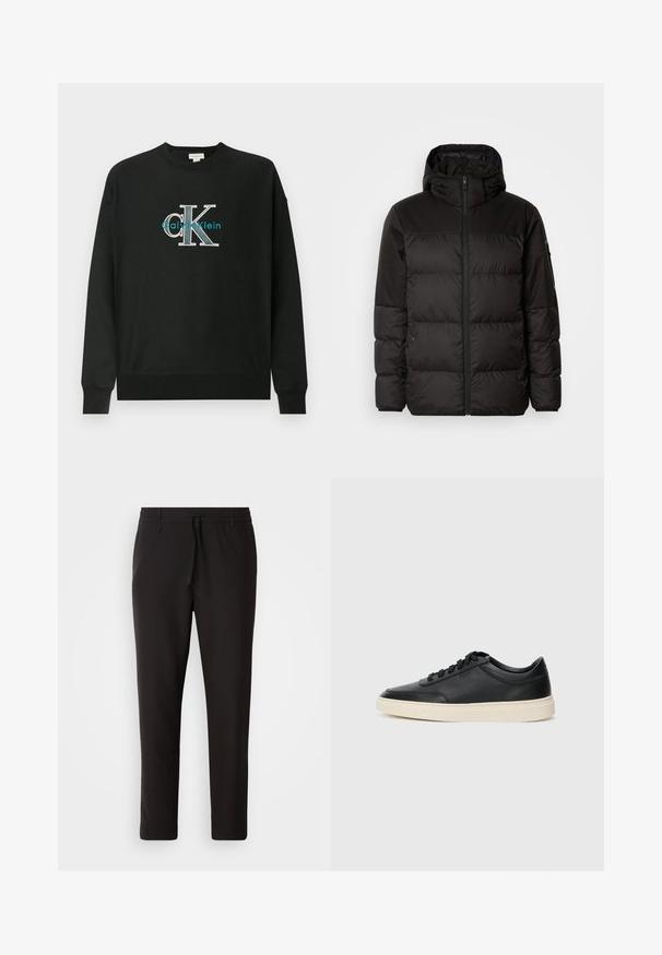 Black puffer jacket features a zip closure, a hood, quilted sections, and elastic cuffs, made from a smooth, water-resistant material.; Black sweatshirt made of cotton, featuring a crew neck, long sleeves, and a graphic logo "CK" in white and teal on the chest.; Black jogger pants made of smooth fabric. Feature an elastic waistband with a drawstring, tapered legs, and no visible pockets. Simple design.; Black low-top leather sneaker with black laces and off-white sole shown in side profile on white background.