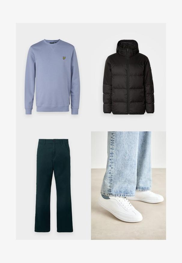 A jaqueta puffer preta apresenta um fecho zip, um capuz, secções acolchoadas e punhos elásticos, confeccionada em um material liso e resistente à água.; Lyle & Scott CREW NECK - Camisola - crafted blue; Calças retas de cor verde-escuro com passantes para cinto, bolsos laterais e fecho de botão sobre um fundo branco liso.; Ténis brancos com material suave, design de atacadores, sola de borracha texturizada e um detalhe em teal no calcanhar, combinados com jeans azul claro.