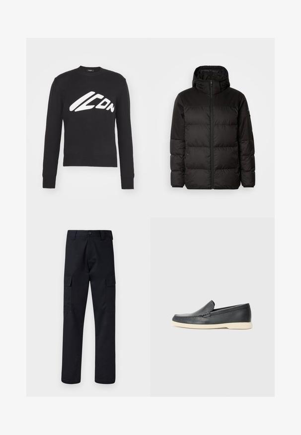 La doudoune noire est dotée d'une fermeture éclair, d'une capuche, de sections matelassées et de poignets élastiques, fabriquée à partir d'un matériau lisse et résistant à l'eau.; Pull en maille noir avec un col rond, des poignets et un ourlet côtelés. Affiche un logo "ICON" blanc bien visible dans une police stylisée sur le devant.; Pantalons cargo noirs en tissu résistant, avec une coupe droite, deux poches latérales et une fermeture à bouton à la taille.; Mocassins noirs en cuir à enfiler avec une finition texturée et une semelle en caoutchouc beige contrastante. Présente un accent subtil sur le devant.