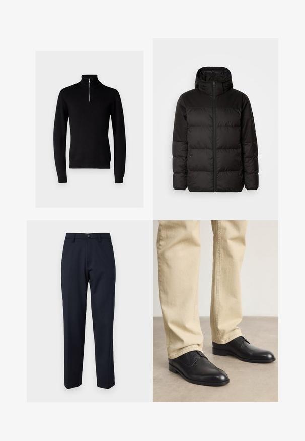 Musta puhvijakku sisältää vetoketjun, hupun, tilkuista koostuvia osioita ja joustavat hihansuut. Se on valmistettu sileästä, vedenpitävästä materiaalista.; Bruuns Bazaar SIMONBBNOVEL KNIT - Neule - black; Meriinisinisiä housuja, jotka on valmistettu sileästä kankaasta. Niissä on etuvetoketju, suorat lahkeet ja sivutaskut. Ei näkyviä kuvioita tai koristeita.; Musta nahkakengät nauhalla, pyöreällä kärjellä, sileällä pinnalla ja hienovaraisilla ompelutiedoilla, käytettynä vaaleanbeigejen housujen kanssa.