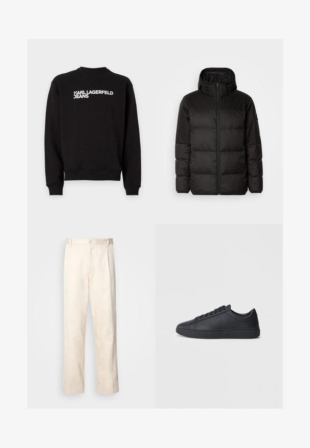 A jaqueta puffer preta apresenta um fecho zip, um capuz, secções acolchoadas e punhos elásticos, confeccionada em um material liso e resistente à água.; Sweatshirt preto com gola redonda e punhos canelados. Apresenta o texto branco "KARL LAGERFELD JEANS" na parte da frente. Material suave.; Calças de algodão bege com corte reto, apresentando um fecho de botão e pregas na frente para um detalhe adicional.; Ténis pretos feitos de couro liso com um design de cano baixo, bico redondo e sola de borracha plana. Apresentam atacadores e uma marcação discreta.