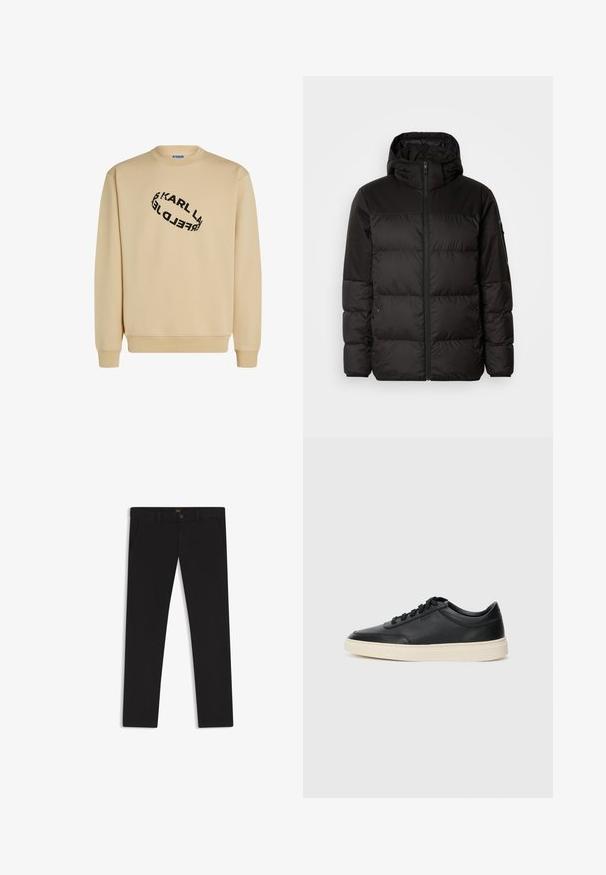 Svart puffjacka med blixtlås, huva, quiltade sektioner och elastiska mudd, tillverkad av ett slätt, vattentåligt material.; Beige sweatshirt med rund halsringning. Har en svart textdesign i spiralform. Långa ärmar och ribbade muddar i fållen.; Svarta byxor gjorda av tyg med en slät textur. Har en knäppning med knapp, bälteshällor och sidofickor. Standard rakt ben-design.; Svart låg skor i läder med svarta snören och off-white sula, visas i sidoprofil på vit bakgrund.