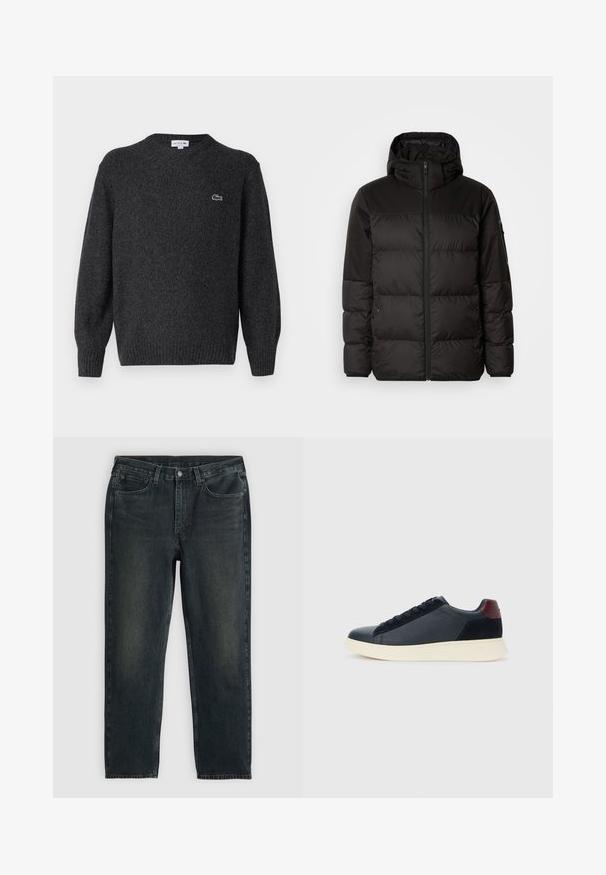 Mustikas puffer-jakk sisaldab tõmblukku, kapuutsi, tikandiga osi ja elastseid mansette, valmistatud siledast veekindlast materjalist.; Lacoste Džemper - bitume neps; Tumed sinised denim teksad sirgete sääremõõtudega, viie tasku, lukuga ja kontrastsetes õmblustes. Kanga peal on õrn kulumine.; Madala stiilis meeste toss mustast nahast ja seemisnahast, marooni värvi kanna detailiga ja valge kummist tallaga, vaatega välisküljelt.