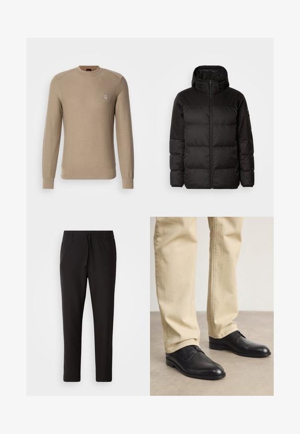 A jaqueta puffer preta apresenta um fecho zip, um capuz, secções acolchoadas e punhos elásticos, confeccionada em um material liso e resistente à água.; Sweater de malha bege com mangas longas, punhos canelados e decote redondo. Apresenta um pequeno patch com logótipo no peito e um design de tecido texturizado.; Calças de jogging pretas feitas de tecido liso. Apresentam uma cintura elástica com cordão, pernas ligeiramente ajustadas e sem bolsos visíveis. Design simples.; Sapatos pretos de couro com atacadores, com bico arredondado, acabamento suave e detalhes de costura subtis, usados com calças bege claras.