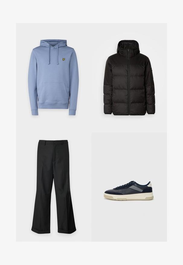 Čierna prešívaná bunda má zips, kapucňu, prešívané sekcie a elastické manžety, vyrobená z hladkého, vodeodolného materiálu.; Svetlomodrá mikina vyrobená z mäkkej tkaniny, s prednou kapsou, kapucňou so šnúrkami a žltým vyšitým logom na hrudi.; Čierne nohavice s širokými nohavicami a gombíkovým pásom, s manžetami na koncoch, vystavené na jednoduchom bielom pozadí.; BOSS BALTIMORE - Tenisky - open blue