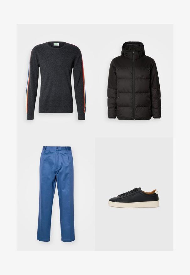 Juodas pūkinis švarkas turi užtrauktuką, gobtuvą, siūlinčius skyrius ir elastinius rankogalius, pagamintas iš lygaus, vandeniui atsparaus medžiagos.; Tamsiai pilkas megztinis ilgomis rankovėmis, su vaivorykštės spalvų juostomis palei pečius. Pagamintas iš minkštos medžiagos su apvaliomis iškirptėmis.; Mėlyni kelnės, pagamintos iš lygaus audinio, su tiesiomis kojomis, mygtukų uždarymu ir subtiliomis siuvimo detalėmis.; Juodos odinės sportbačiai su lygiu paviršiumi, smėlio spalvos guminis padas, raišteliais užsegama konstrukcija ir kontrastingas kulno akcentas.