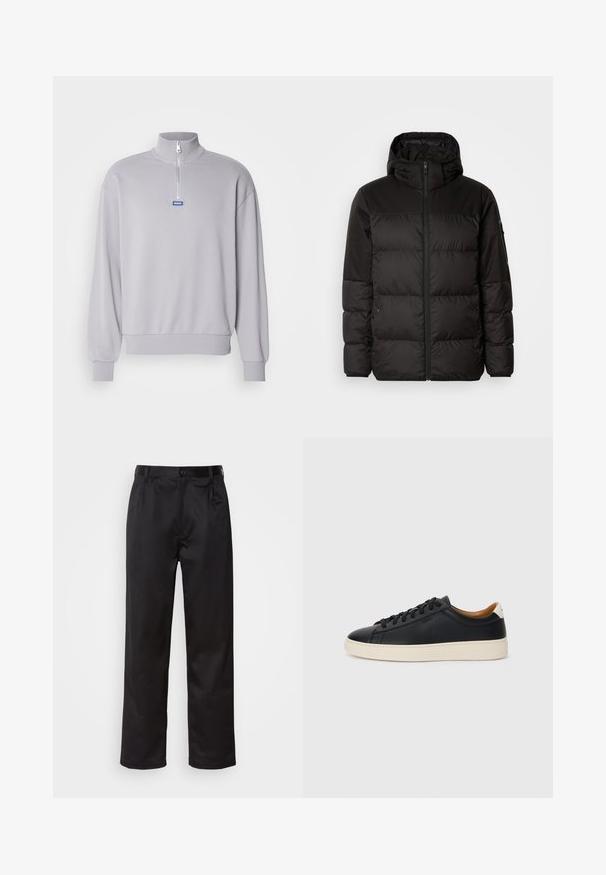 Melna pūkainā jakā iezīmes ir rāvējslēdzēja aizdare, kapuce, kvadrātveida šuves un elastīgas aproces, izgatavota no gludas, ūdensizturīgas vielas.; Gaiši pelēks puloveris ar pusveida rāvējslēdzēju, ribām piedurknēs un apakšmalā. Priekšā ir zils logotipa uzlīme. Mīksta auduma tekstūra.; Melnas bikses, kas izgatavotas no gludas auduma, ar priekšējo pogu aizdari, krokām un taisnām kājām. Nav redzamu rakstu vai akcentu.; Melni ādas sporta apavi ar gludu tekstūru, bēša krāsas gumijas zole, auklu aizdare un kontrastējošs papēža akcents.