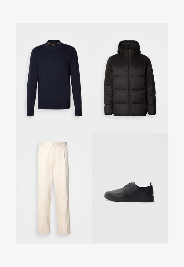 Schwarze Pufferjacke mit Reißverschluss, Kapuze, gesteppten Abschnitten und elastischen Bündchen, hergestellt aus einem glatten, wasserabweisenden Material.; Navyblaues Langarm-Polohemd mit zweiknöpfiger Knopfleiste, gerippten Bündchen und Saum. Mit dezentem Logo-Detail auf der Brust.; Beige Baumwollhose mit geradem Bein, ausgestattet mit einem Knopfverschluss und Falten an der Vorderseite für zusätzliche Details.; Schwarze Leder-Sneaker mit glatter Oberfläche, abgerundeter Zehenpartie, gleichfarbiger Nähte, schnürbarem Vorderteil und flacher Gummisohle. Schlaufe an der Ferse.