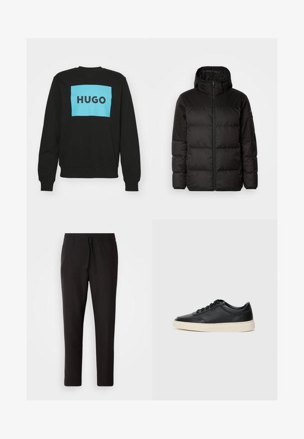 Il giubbotto puffo nero presenta una chiusura con zip, un cappuccio, sezioni trapuntate e polsini elastici, realizzato in un materiale liscio e resistente all'acqua.; HUGO DURAGOL - Felpa - black; Pantaloni jogger neri realizzati in tessuto liscio. Presentano una vita elasticizzata con stringa, gambe affusolate e senza tasche visibili. Design semplice.; Sneaker in pelle nera a basso profilo con lacci neri e suola avorio, mostrato di profilo su sfondo bianco.