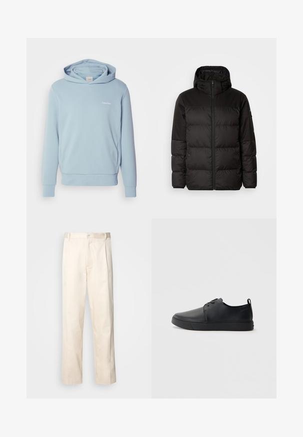 Black puffer jacket features a zip closure, a hood, quilted sections, and elastic cuffs, made from a smooth, water-resistant material.; Light blue hooded sweatshirt made of soft cotton blend, featuring a subtle Calvin Klein logo on the chest and ribbed cuffs and hem.; Beige cotton trousers with a straight-leg cut, featuring a button closure and pleats at the front for added detail.; Black leather sneaker with a smooth finish, rounded toe, tonal stitching, lace-up front, and a flat rubber sole. Loop at the heel.