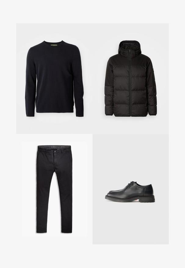 A jaqueta puffer preta apresenta um fecho zip, um capuz, secções acolchoadas e punhos elásticos, confeccionada em um material liso e resistente à água.; Suéter preto de manga longa e gola redonda, design simples, exibido em fundo branco, com uma etiqueta de marca discreta dentro da gola.; Chinos pretos de algodão com um corte afunilado, apresentando cinco bolsos, passantes para cinto e uma textura suave. Fecho com zíper e botão.; Sapato de couro preto com textura suave, bico arredondado e costura em relevo discreta. Sola de borracha grossa com salto ligeiro e padrão de aderência.