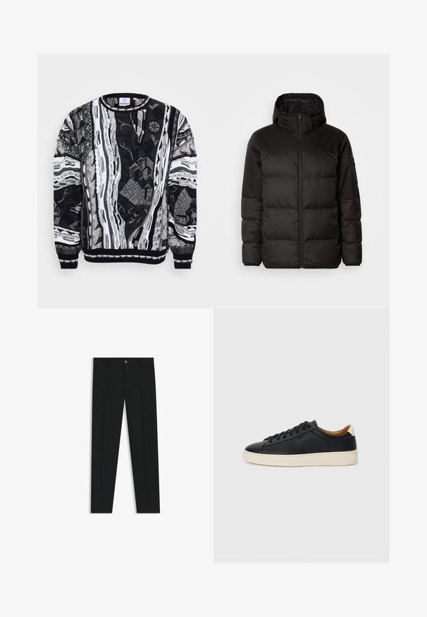 Schwarze Pufferjacke mit Reißverschluss, Kapuze, gesteppten Abschnitten und elastischen Bündchen, hergestellt aus einem glatten, wasserabweisenden Material.; Schwarz-weißer Pullover mit komplexen Mustern, die Stadtszenen und abstrakte Designs zeigen. Stricktextur mit gerippten Bündchen und Halsauschnitt.; Schwarze Anzughosen mit geradem Bein, aus glattem Stoff. Mit Knopfverschluss vorne und Gürtelschlaufen. Schlicht ohne Muster.; Schwarze Ledersneaker mit glatter Textur, beiger Gummisohle, Schnürdesign und einem kontrastierenden Fersenakzent.