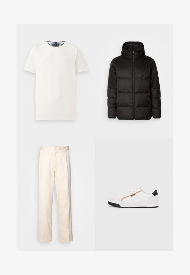 A jaqueta puffer preta apresenta um fecho zip, um capuz, secções acolchoadas e punhos elásticos, confeccionada em um material liso e resistente à água.; T-shirt branca de manga curta com padrão texturizado, decote redondo e acabamento riscado em azul-marinho na gola. Tecido leve. Corte casual.; Calças de algodão bege com corte reto, apresentando um fecho de botão e pregas na frente para um detalhe adicional.; Tênis atléticos brancos com detalhes em malha e couro. Apresenta um logotipo dourado "BOSS", painéis laterais texturizados e um capô de calcanhar preto. Sola em borracha.