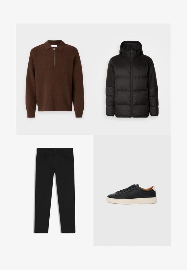 Black puffer jacket features a zip closure, a hood, quilted sections, and elastic cuffs, made from a smooth, water-resistant material.; Brown ribbed pullover sweater with a narrow zipper at the collar. Long sleeves and a textured knit fabric.; Black denim trousers with a straight cut, featuring a standard waistband, five pockets, and a button closure. Smooth texture throughout.; Black leather sneakers with a smooth texture, beige rubber sole, lace-up design, and a contrasting heel accent.