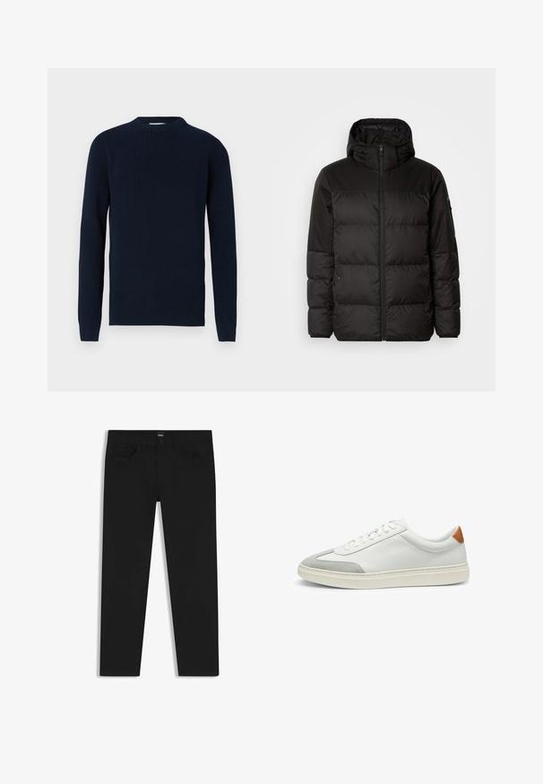 Black puffer jacket features a zip closure, a hood, quilted sections, and elastic cuffs, made from a smooth, water-resistant material.; DRYKORN RIPPLEY - Jumper - blue; Black denim trousers with a straight cut, featuring a standard waistband, five pockets, and a button closure. Smooth texture throughout.; White leather sneakers with gray suede accents and a tan leather heel tab. Features a textured surface and lightweight sole.