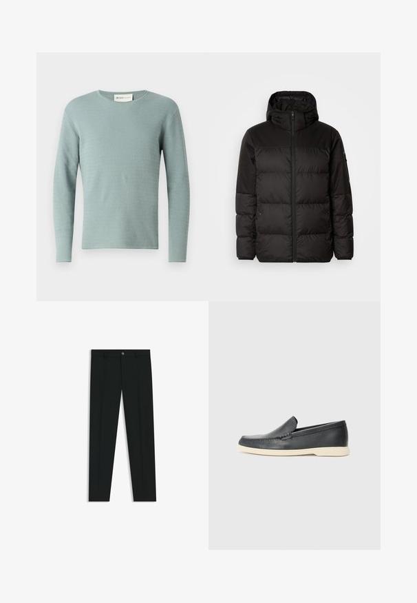 La chaqueta acolchada negra tiene un cierre de cremallera, capucha, secciones acolchadas y puños elásticos, hecha de un material suave y resistente al agua.; Suéter de manga larga azul claro con un patrón texturizado en olas, cuello redondo y puños acanalados. Hecho de tela de punto, textura suave.; Pantalones de vestir negros con un diseño de pierna recta, hechos de una tela suave. Cuentan con un cierre frontal de botón y lazos para cinturón. Liso, sin patrones.; Mocasines de piel negra sin cordones con un acabado texturizado y una suela de goma beige en contraste. Presentan un sutil acento en la parte frontal.