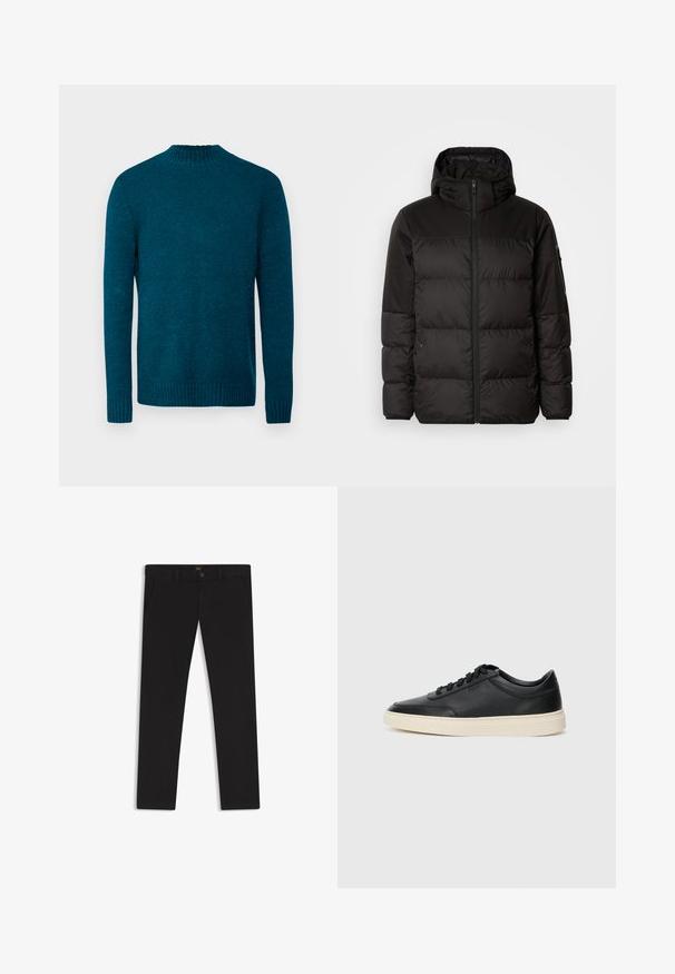 Svart puffjacka med blixtlås, huva, quiltade sektioner och elastiska mudd, tillverkad av ett slätt, vattentåligt material.; DRYKORN ZAYN - Stickad tröja - green; Svarta byxor gjorda av tyg med en slät textur. Har en knäppning med knapp, bälteshällor och sidofickor. Standard rakt ben-design.; Svart låg skor i läder med svarta snören och off-white sula, visas i sidoprofil på vit bakgrund.