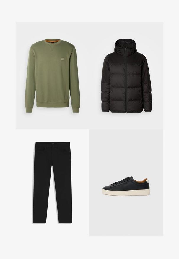 Il giubbotto puffo nero presenta una chiusura con zip, un cappuccio, sezioni trapuntate e polsini elastici, realizzato in un materiale liscio e resistente all'acqua.; BOSS WESTART - Felpa - open green; Pantaloni in denim nero con taglio dritto, dotati di vita standard, cinque tasche e chiusura con bottone. Texture liscia su tutta la superficie.; Sneakers in pelle nera con una texture liscia, suola in gomma beige, design con lacci e un accento del tacco in contrasto.