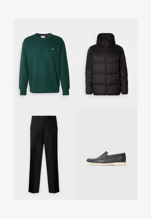 A jaqueta puffer preta apresenta um fecho zip, um capuz, secções acolchoadas e punhos elásticos, confeccionada em um material liso e resistente à água.; Sweatshirt verde feito de tecido macio, com um decote redondo e mangas longas. Pequeno logotipo bordado no peito. Punhos e barra elásticos.; Calças pretas bem ajustadas com corte reto, apresentando fecho com botão, braguilha com zip e passadores de cinto. Tecido suave com bolsos laterais.; Mocassins pretos em couro com acabamento texturizado e sola de borracha bege em contraste. Apresenta um detalhe subtil na parte da frente.