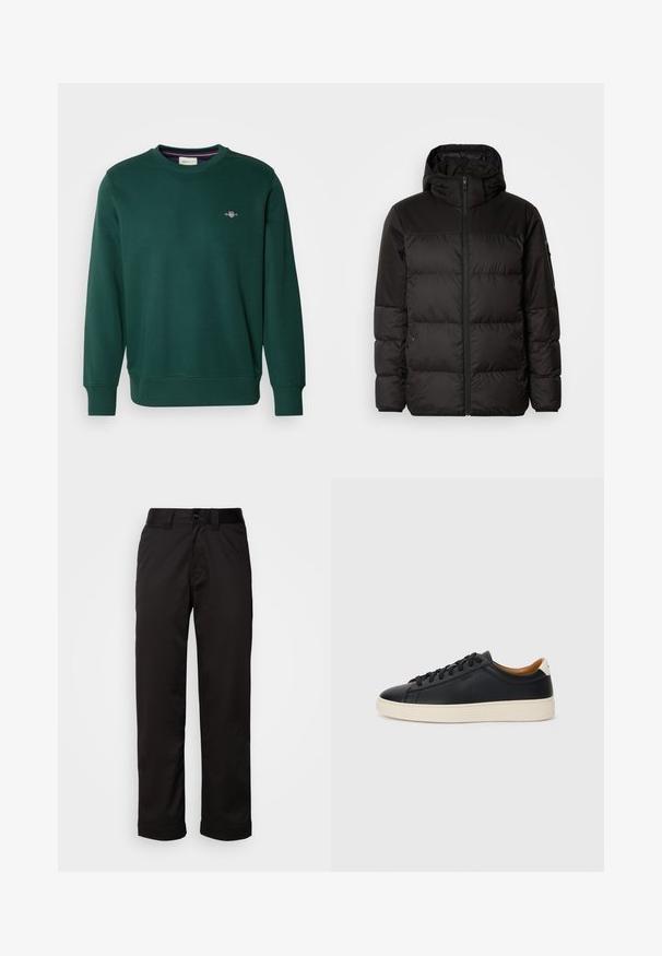 Čierna prešívaná bunda má zips, kapucňu, prešívané sekcie a elastické manžety, vyrobená z hladkého, vodeodolného materiálu.; Zelená mikina vyrobená z mäkkej tkaniny, s okrúhlym výstrihom a dlhými rukávmi. Malé vyšívané logo na hrudi. Elastické manžety a lem.; Čierne nohavice z hladkej látky s predným zipsom, zapínaním na gombík a srolovanými manžetami pre ležérny vzhľad.; Čierne kožené tenisky s hladkou textúrou, béžová gumová podrážka, viazanie a kontrastný akcent na päte.