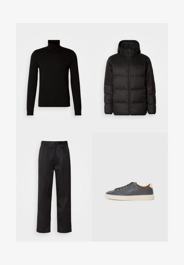 Črna zimska jakna ima zadrgo, kapuco, prešite odseke in elastične manšete, izdelana je iz gladkega, vodoodpornega materiala.; Črn pulover s turtleneck ovratnikom, izdelan iz fine pletene tkanine, z dolgimi rokavi in prilegajočim se silhueto. Gladka textura z rebrastimi manšetami.; Črne hlače iz gladkega materiala, ki imajo sprednjo zaponko, naborke in ravne noge. Brez vidnih vzorcev ali okraskov.; Sive usnjene superge z okroglo konico, gumijastim podplatom, ravnimi vezalkami in svetlimi poudarki na peti. Gladka textura in minimalističen dizajn.