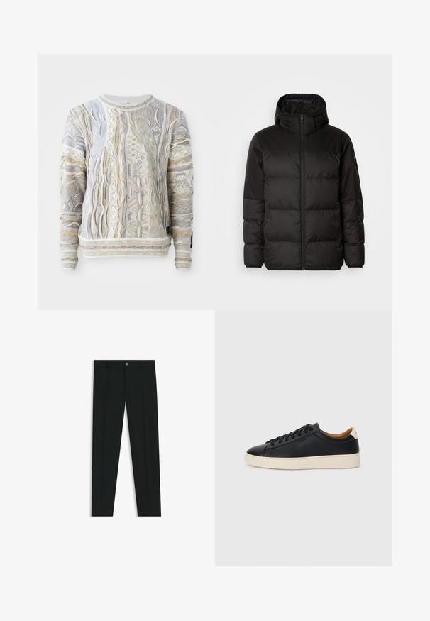 La chaqueta acolchada negra tiene un cierre de cremallera, capucha, secciones acolchadas y puños elásticos, hecha de un material suave y resistente al agua.; Suéter con intrincados patrones de punto en beige, blanco y azul claro. Acabado texturizado con puños y dobladillo acanalados, diseño de cuello redondo.; Pantalones de vestir negros con un diseño de pierna recta, hechos de una tela suave. Cuentan con un cierre frontal de botón y lazos para cinturón. Liso, sin patrones.; Zapatillas negras de cuero con una textura suave, suela de goma beige, diseño de cordones y un acento en el talón de color contrastante.