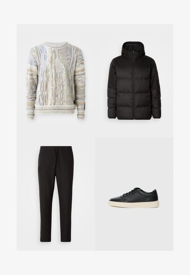 Mustikas puffer-jakk sisaldab tõmblukku, kapuutsi, tikandiga osi ja elastseid mansette, valmistatud siledast veekindlast materjalist.; Kudum, millel on keerukad kudumistooted beežis, valges ja helesinises värvitoonis. Tekstureeritud viimistlus ribakraega ja -äärega, ümmargune kaeluse disain.; Mustad jogger-püksid, mis on valmistatud siledast kangast. Omavad elastset pihaotsikut koos paelaga, kitsenevaid jalaosi ja nähtamatuid taskuid. Lihtne disain.; Mustad musta nahast madal sneaker mustade nööpidega ja kreemivalge tallaga, nähtud külgprofiilis valge tausta ees.
